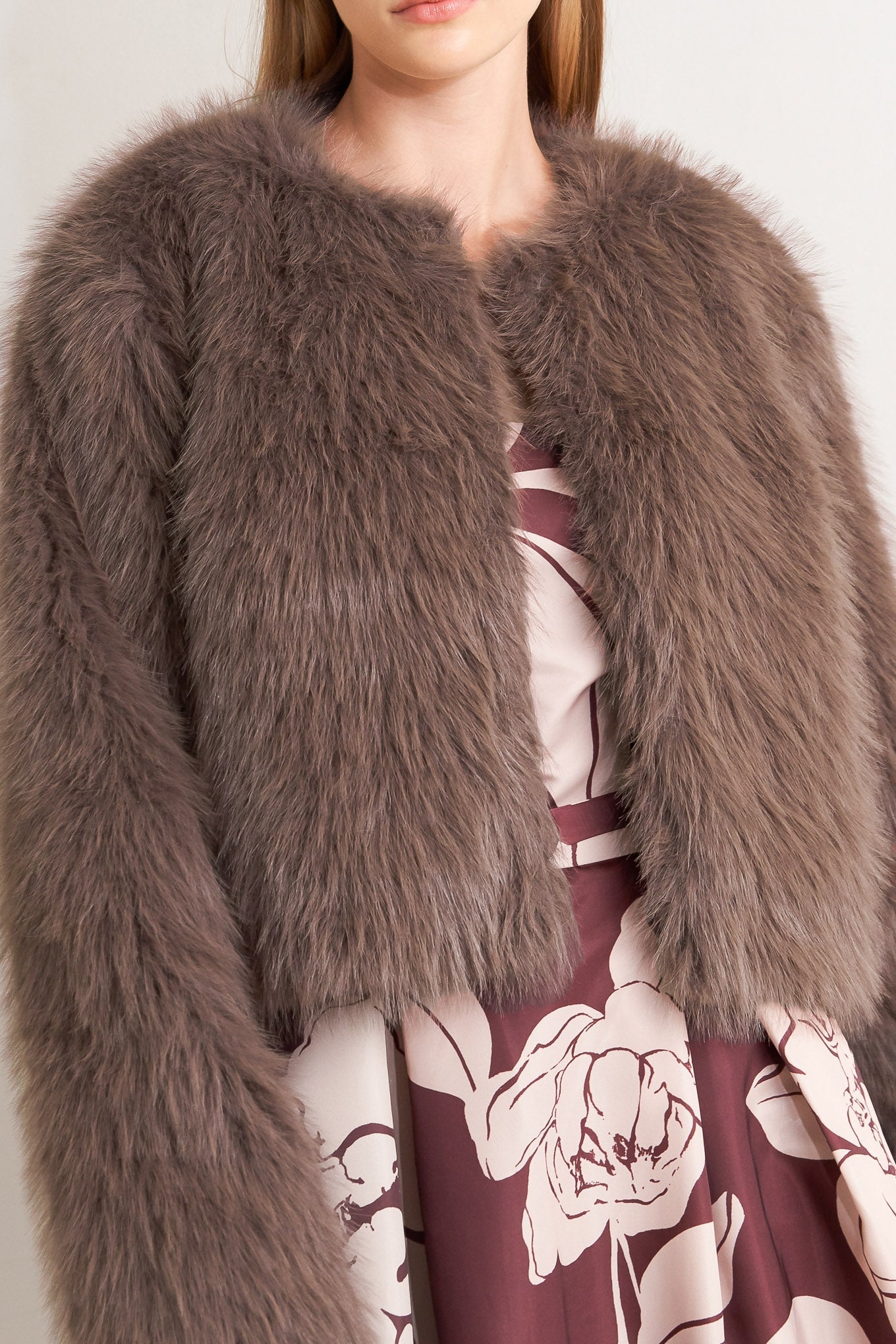 Explore More Collection - LONDON FLARE MOCHA FAUX FUR CROP JACKET