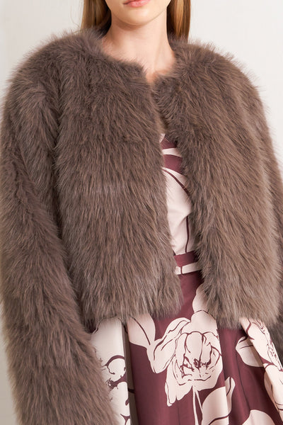 Explore More Collection - LONDON FLARE MOCHA FAUX FUR CROP JACKET