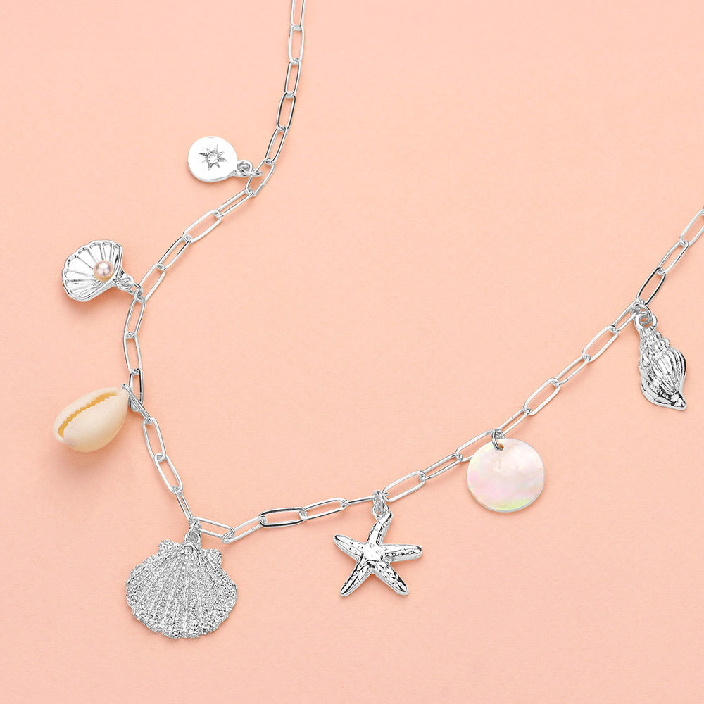 Shell Starfish Shell Charm Station Paperclip Chain Necklace