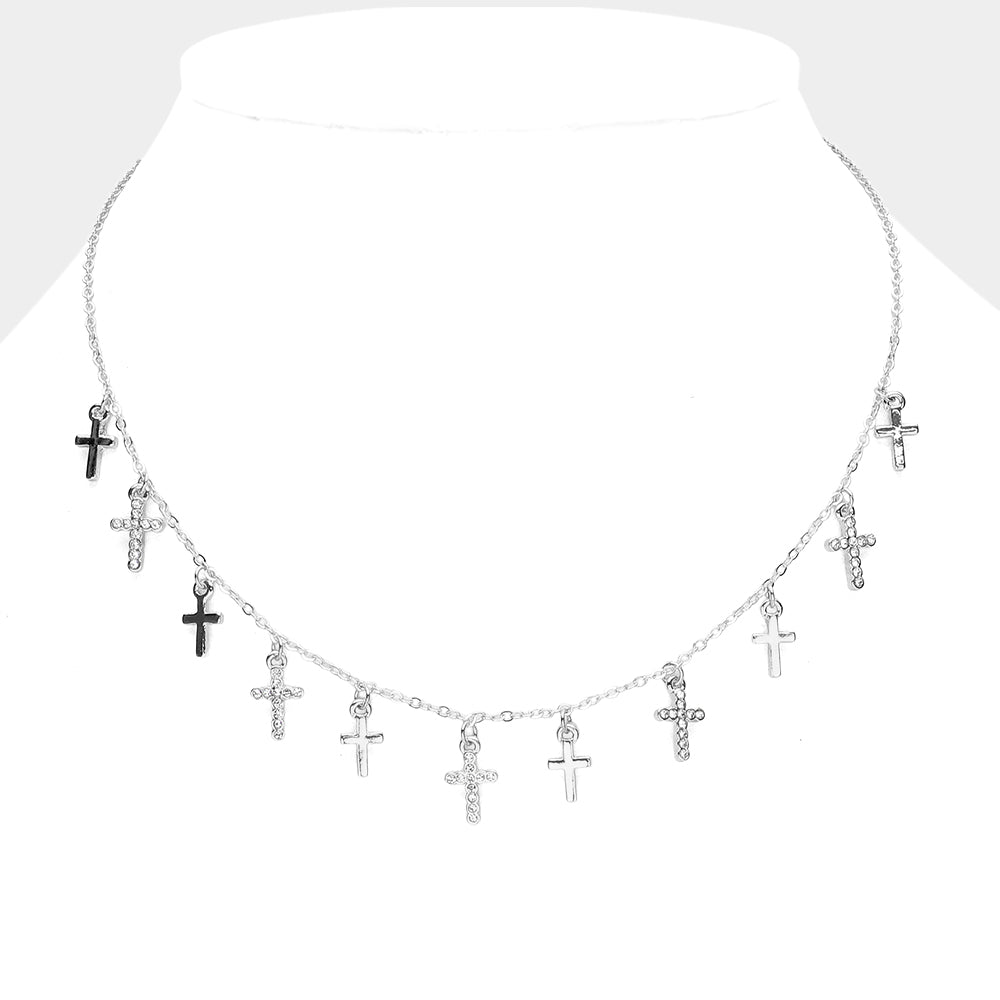Stone Paved Cross Charm Station Necklace