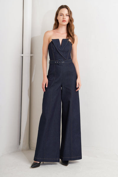 Explore More Collection - LE BONHEUR V CUT VOW DENIM JUMPSUIT