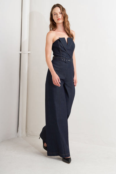Explore More Collection - LE BONHEUR V CUT VOW DENIM JUMPSUIT