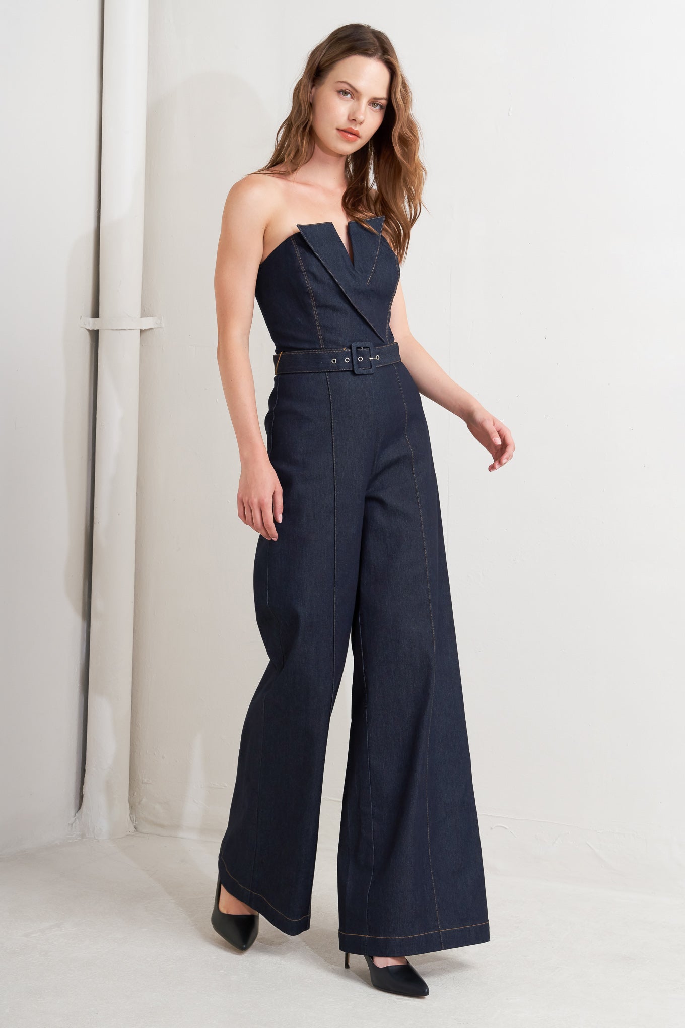 Explore More Collection - LE BONHEUR V CUT VOW DENIM JUMPSUIT