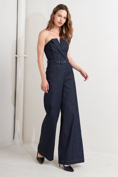 Explore More Collection - LE BONHEUR V CUT VOW DENIM JUMPSUIT