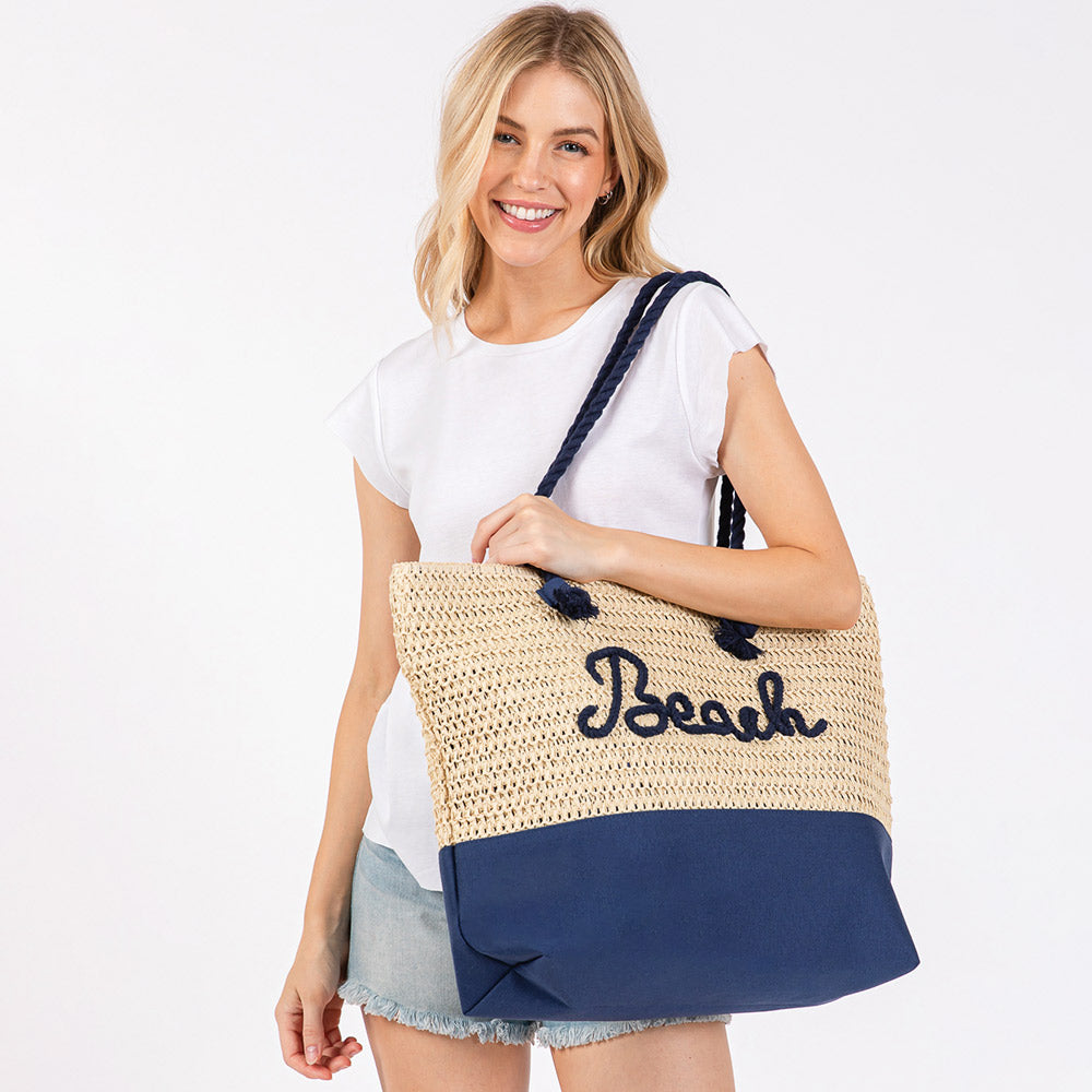 BEACH Embroidered Rope Handle Crochet Fabric Tote Bag / Beach Bag
