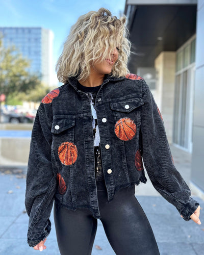 Explore More Collection - Basketball Black Corduroy Sequin Cropped Jacket