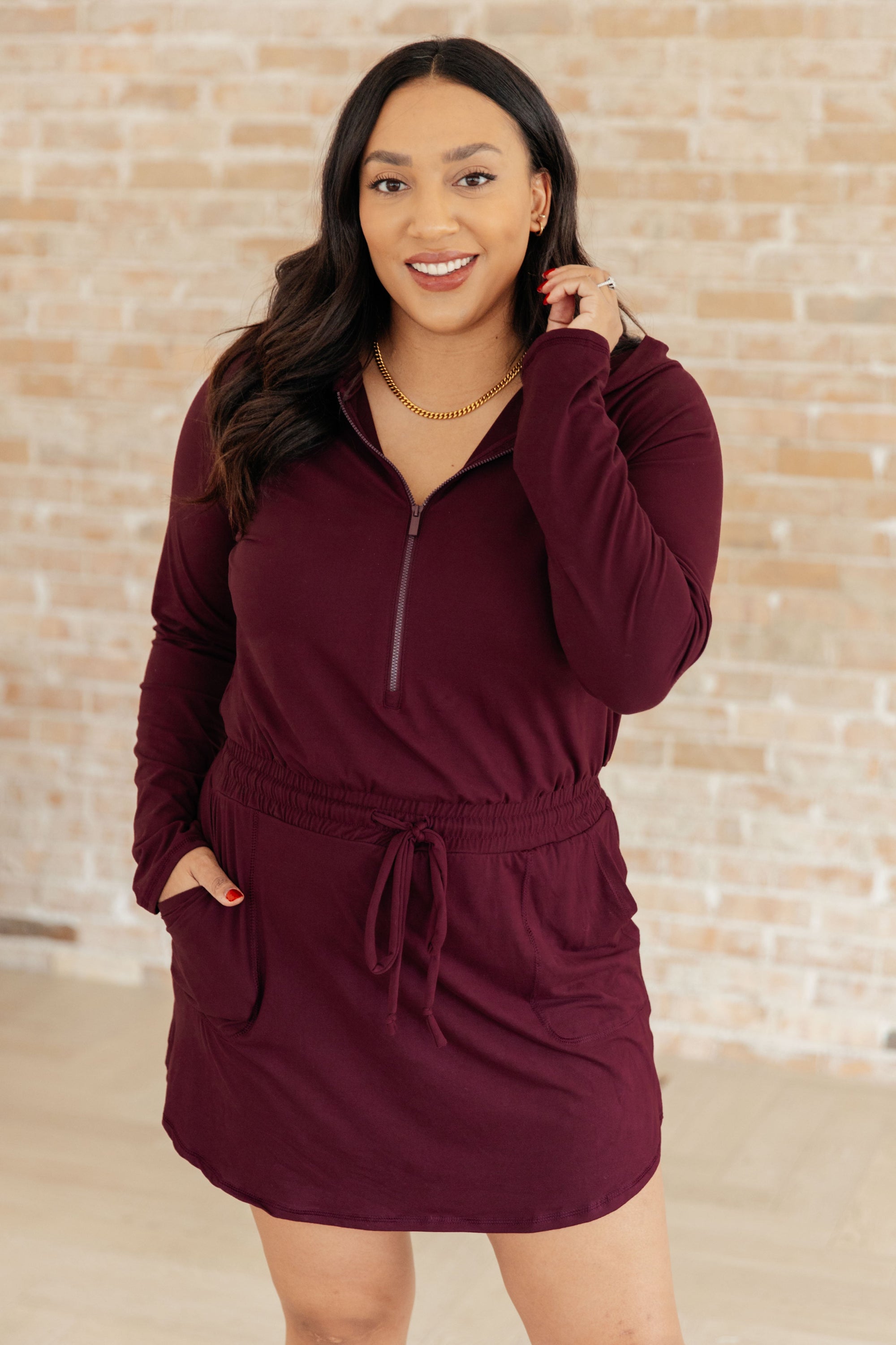 Explore More Collection - Getting Out Long Sleeve Hoodie Romper in Maroon