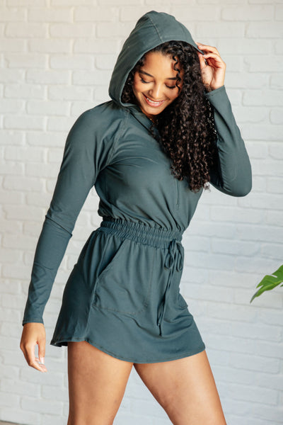 Explore More Collection - Getting Out Long Sleeve Hoodie Romper in Smoked Spruce