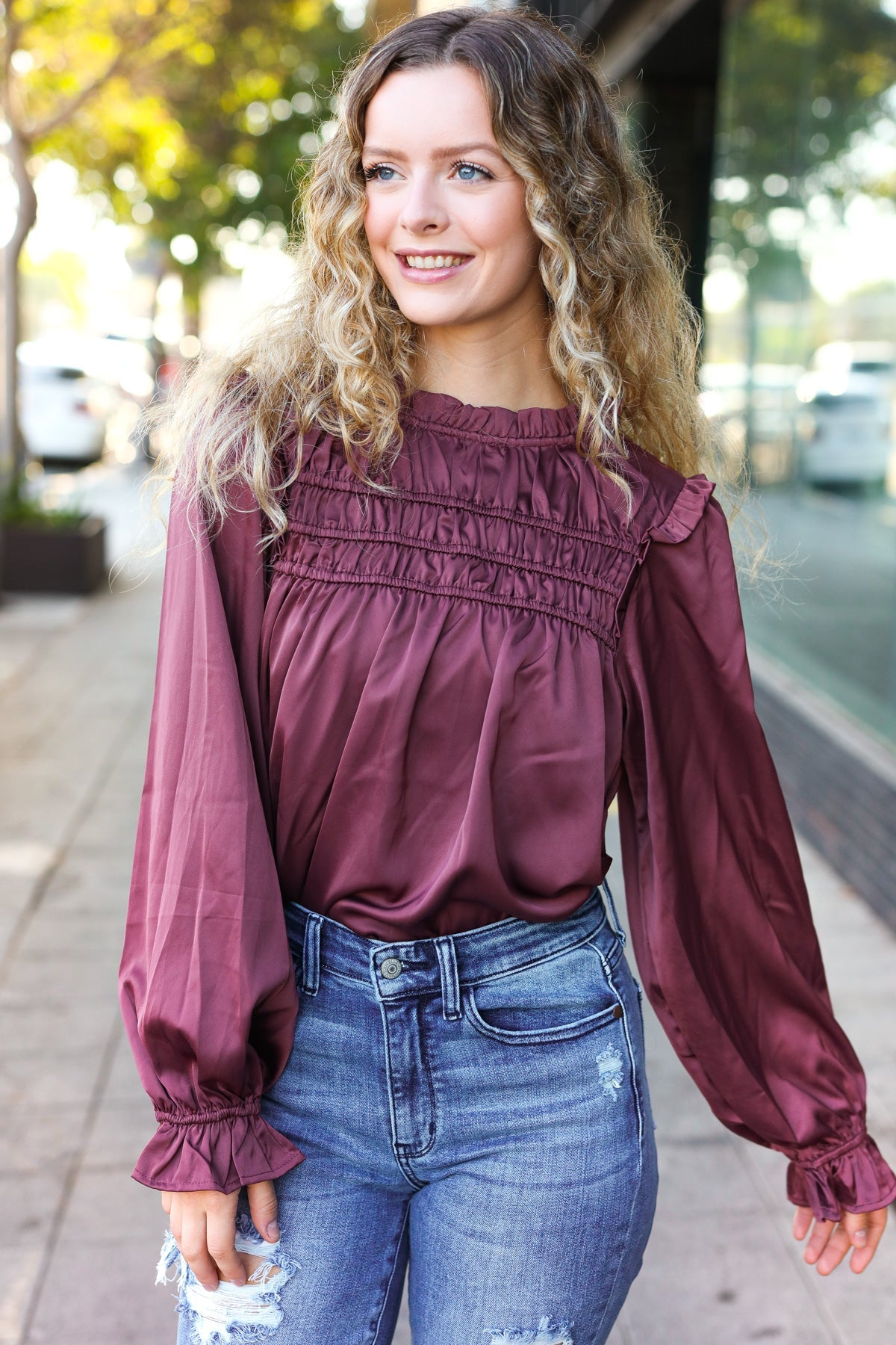 Explore More Collection - Be Your Best Wine Satin Shirred Yoke Frilled Mock Neck Top