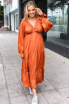 Explore More Collection - Elegant Rust Elastic V Neck Tiered Satin Maxi Dress