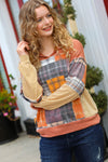 Explore More Collection - What I Like Rust/Charcoal Two Tone Knit Plaid V Neck Top