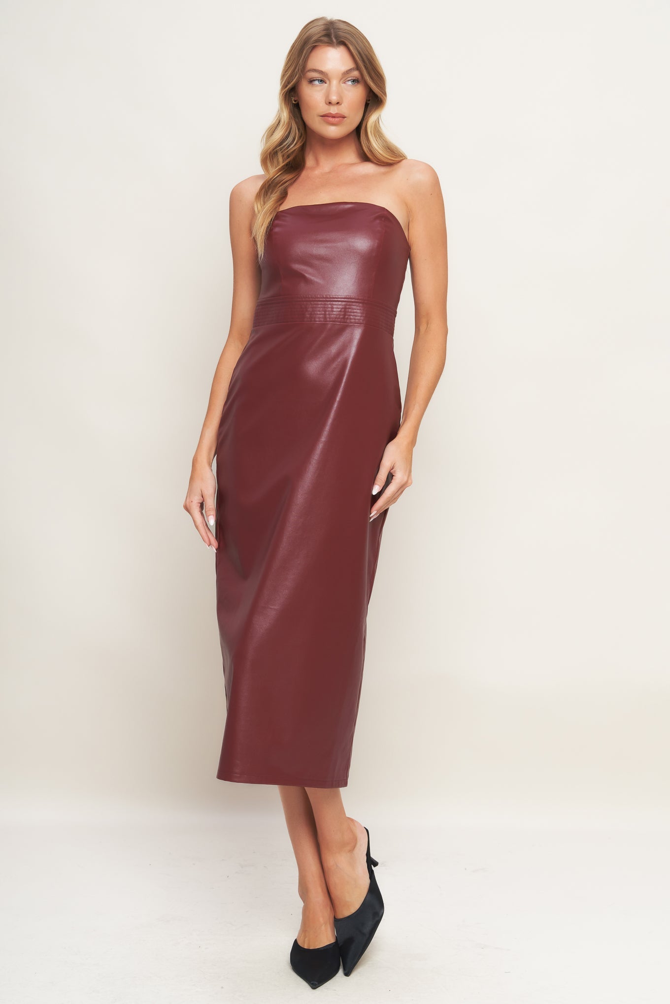 RUNWAY TREND FAUX LEATHER MIDI DRESS l Flying Tomato BURGUNDY / M RUNWAY TREND FAUX LEATHER MIDI DRESS l Flying Tomato BURGUNDY / M