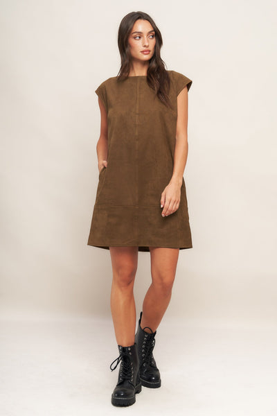 Explore More Collection - QUIET LUXURY EDGE FAUX SUEDE MIDI SHIFT DRESS