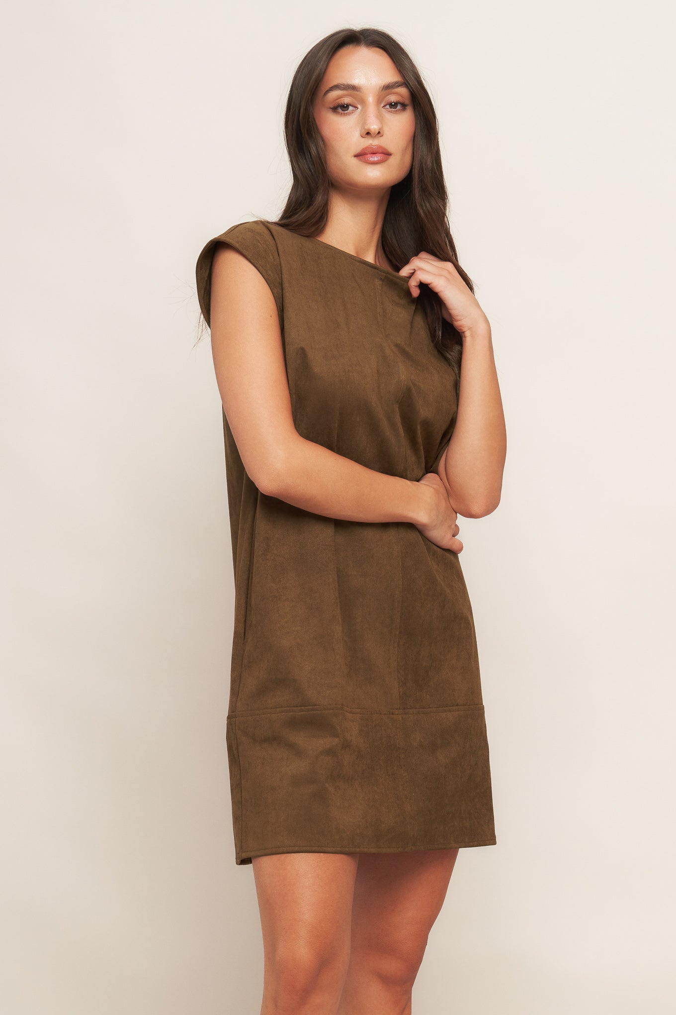 Explore More Collection - QUIET LUXURY EDGE FAUX SUEDE MIDI SHIFT DRESS