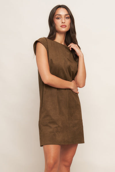 Explore More Collection - QUIET LUXURY EDGE FAUX SUEDE MIDI SHIFT DRESS