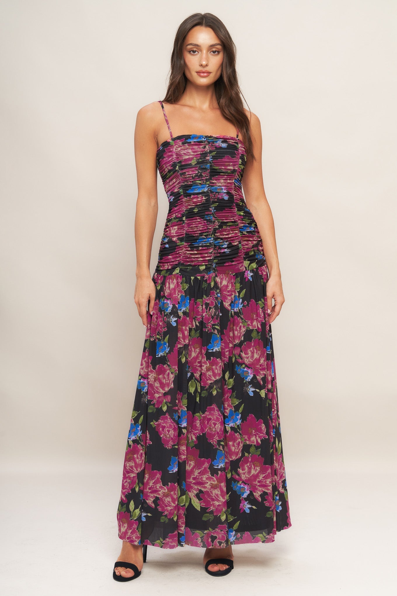 Explore More Collection - NIGHT FLORIST POWER MESH MAXI DRESS