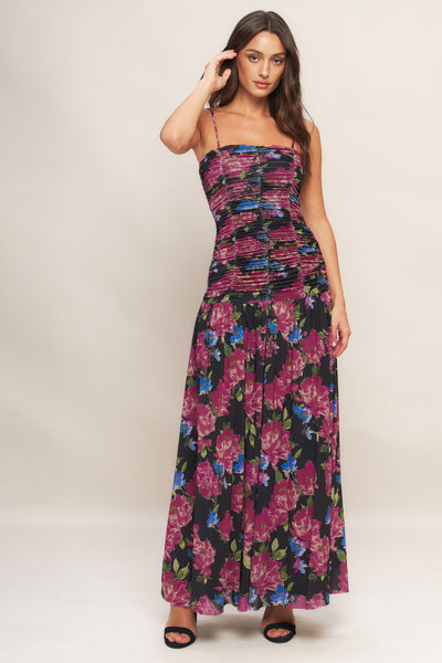 Explore More Collection - NIGHT FLORIST POWER MESH MAXI DRESS