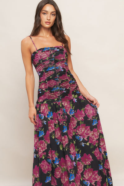 Explore More Collection - NIGHT FLORIST POWER MESH MAXI DRESS