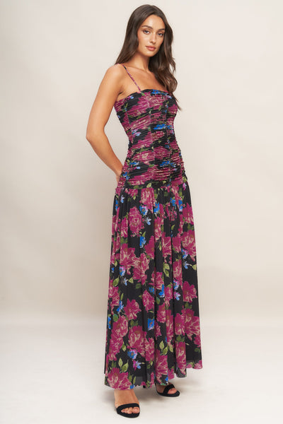 Explore More Collection - NIGHT FLORIST POWER MESH MAXI DRESS