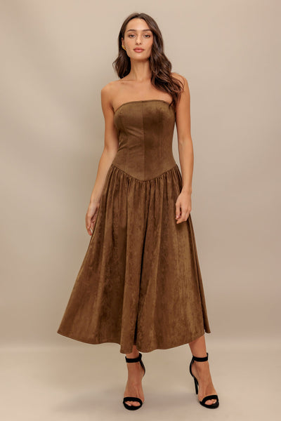 Explore More Collection - WILD ESPRESSO FAUX SUEDE MIDI DRESS