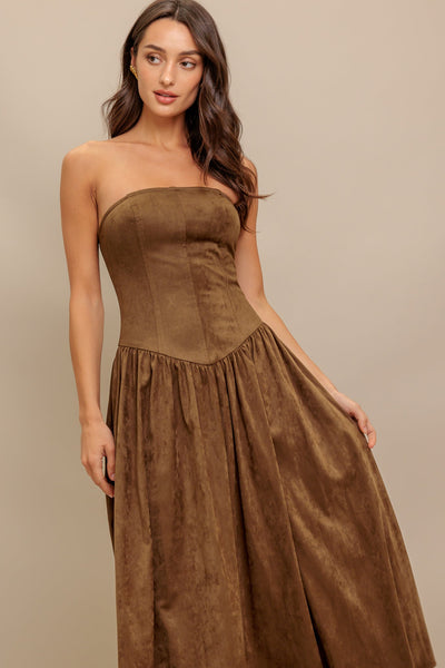 Explore More Collection - WILD ESPRESSO FAUX SUEDE MIDI DRESS