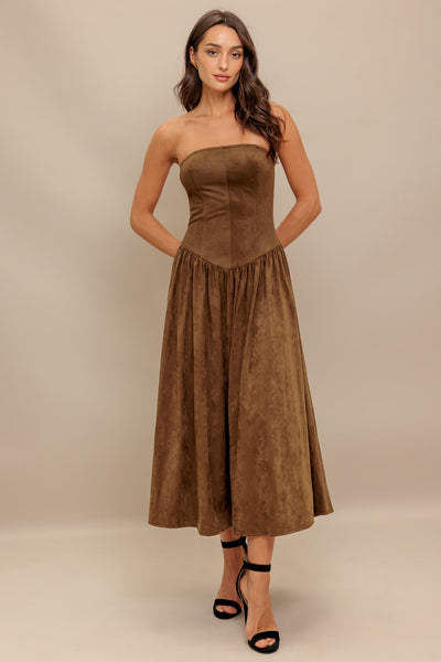 Explore More Collection - WILD ESPRESSO FAUX SUEDE MIDI DRESS