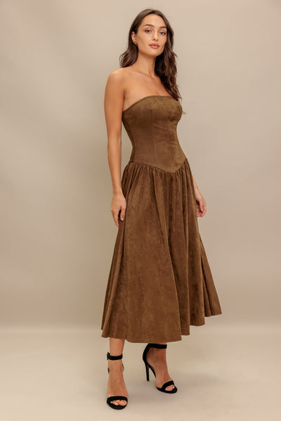 Explore More Collection - WILD ESPRESSO FAUX SUEDE MIDI DRESS