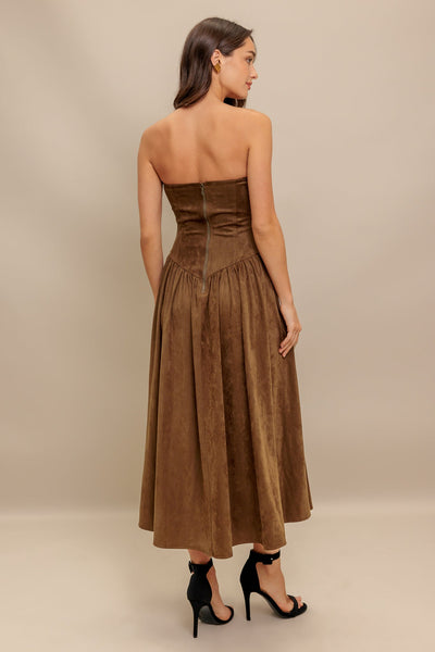 Explore More Collection - WILD ESPRESSO FAUX SUEDE MIDI DRESS