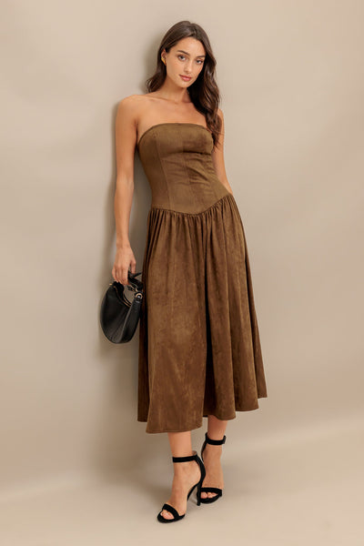 Explore More Collection - WILD ESPRESSO FAUX SUEDE MIDI DRESS