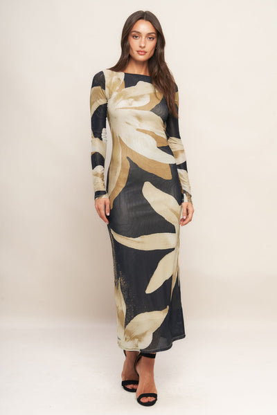 Explore More Collection - ABSTRACT BOTANICA POWER MESH MIDI DRESS