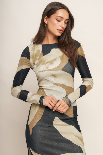 Explore More Collection - ABSTRACT BOTANICA POWER MESH MIDI DRESS