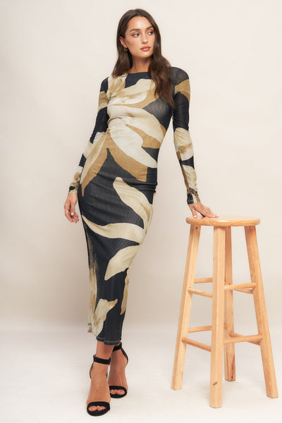 Explore More Collection - ABSTRACT BOTANICA POWER MESH MIDI DRESS