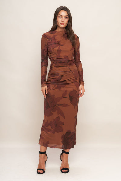 Explore More Collection - AMBER FLORA POWER MESH MIDI DRESS
