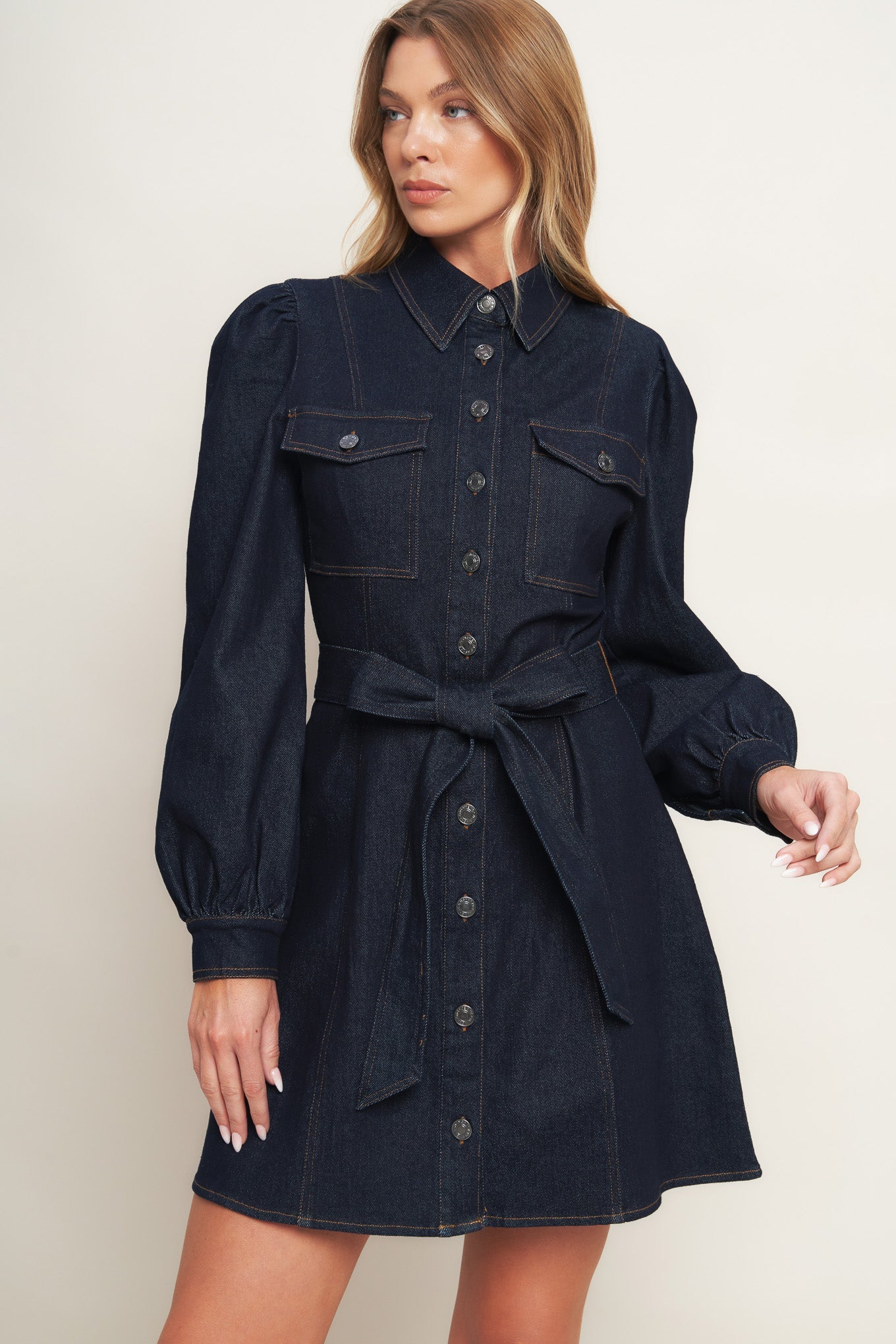 Explore More Collection - HOLIDAY DARK INDIGO DENIM MINI DRESS