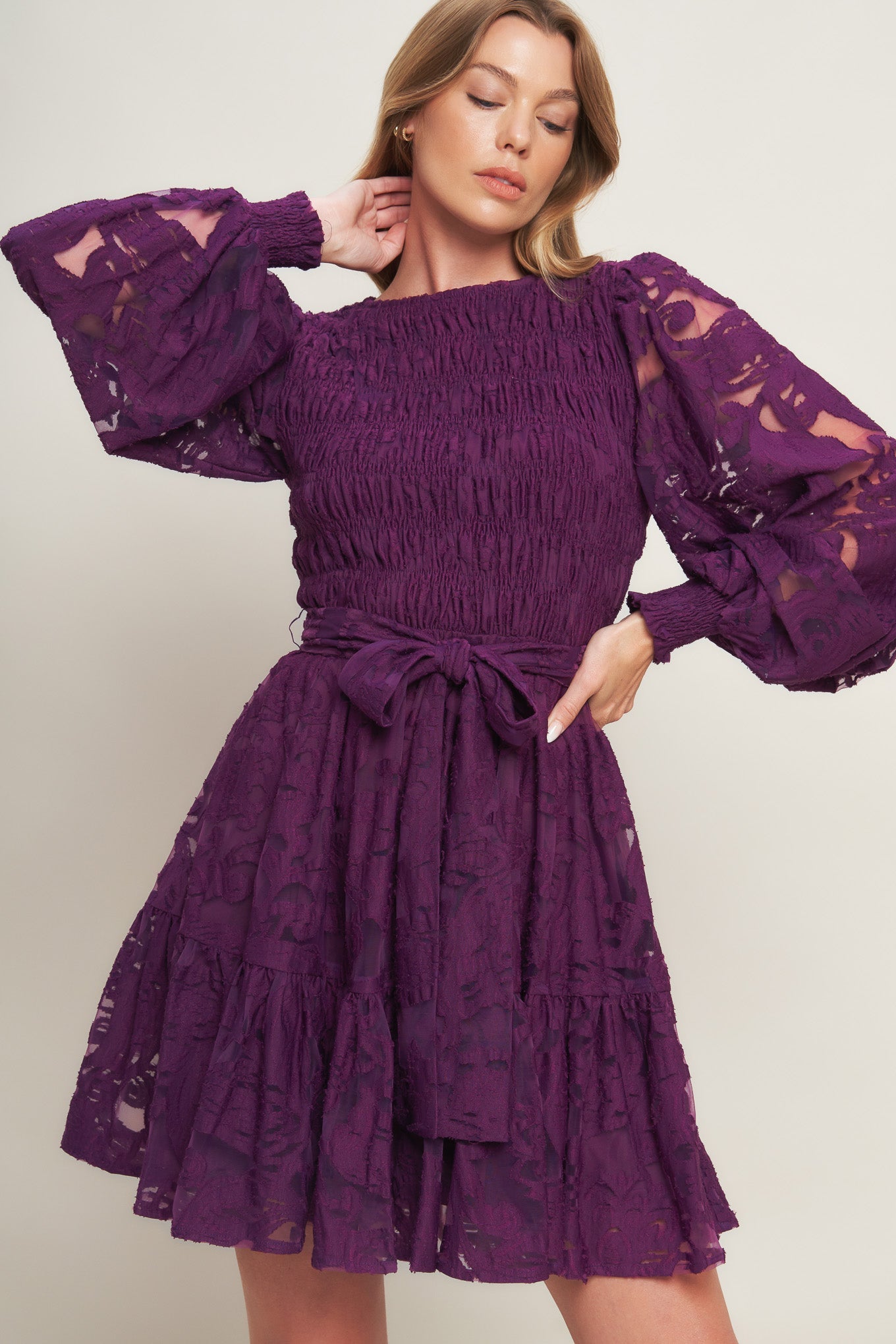 Explore More Collection - PASSION PLUM WOVEN LACE MINI DRESS