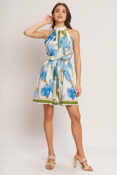 AZURE BLOOM HALTER WOVEN MINI DRESS