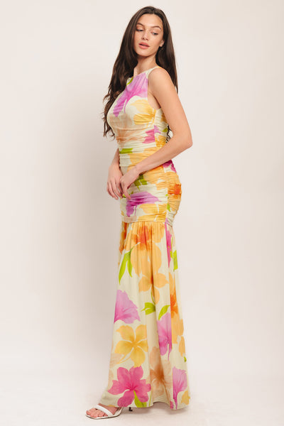 WARM BREEZE BLOOMS POWER MESH MAXI DRESS