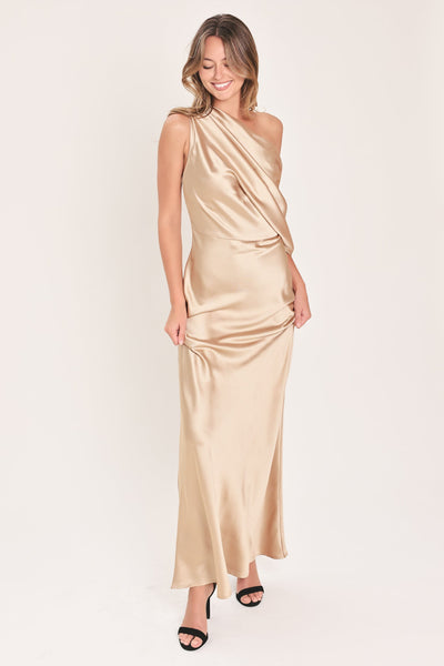 GILDED DRAPE SATIN ONE-SHOULDER MAXI DRESS
