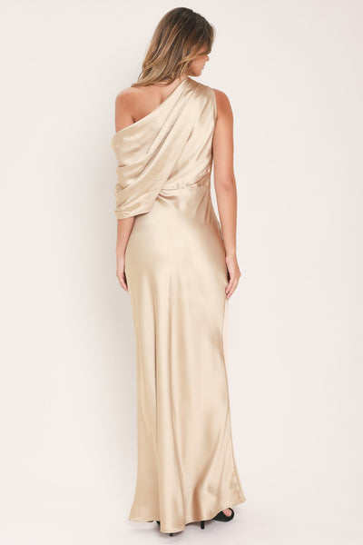 GILDED DRAPE SATIN ONE-SHOULDER MAXI DRESS