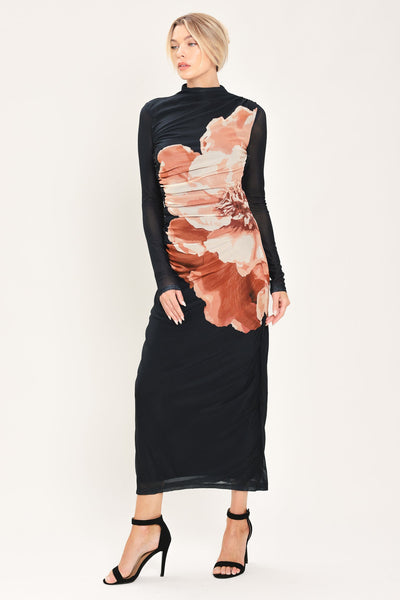 SHADOW BLOOM BLACK PRINTED MESH SHIRRED MIDI DRESS