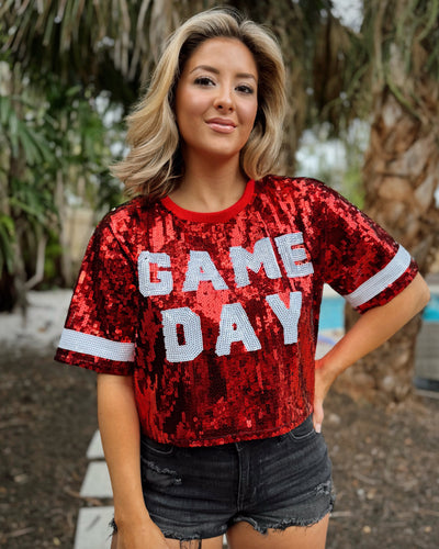 Explore More Collection - Red Sequin “GAME DAY” Crop