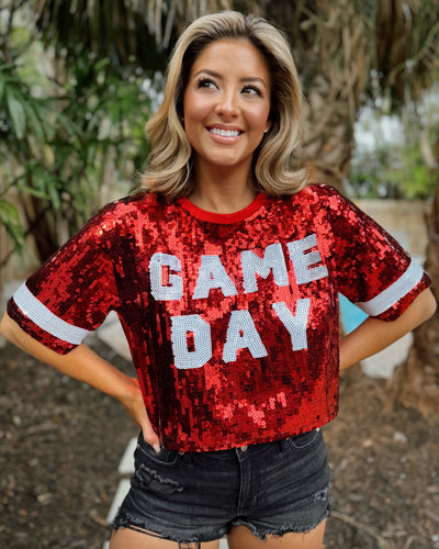 Explore More Collection - Red Sequin “GAME DAY” Crop