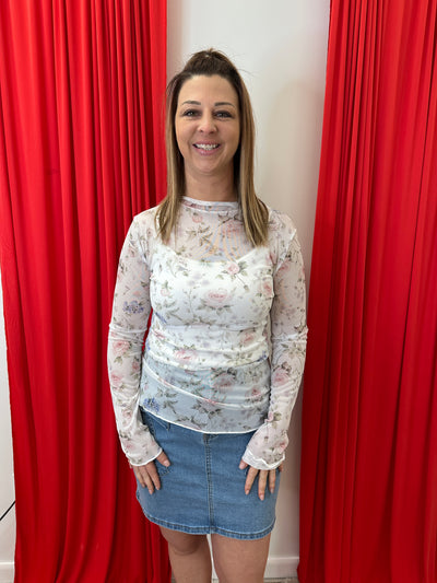 Denise - A High Neck Long Sleeve Floral Print Mesh Semi Sheer Top with Frilled Merrow Top