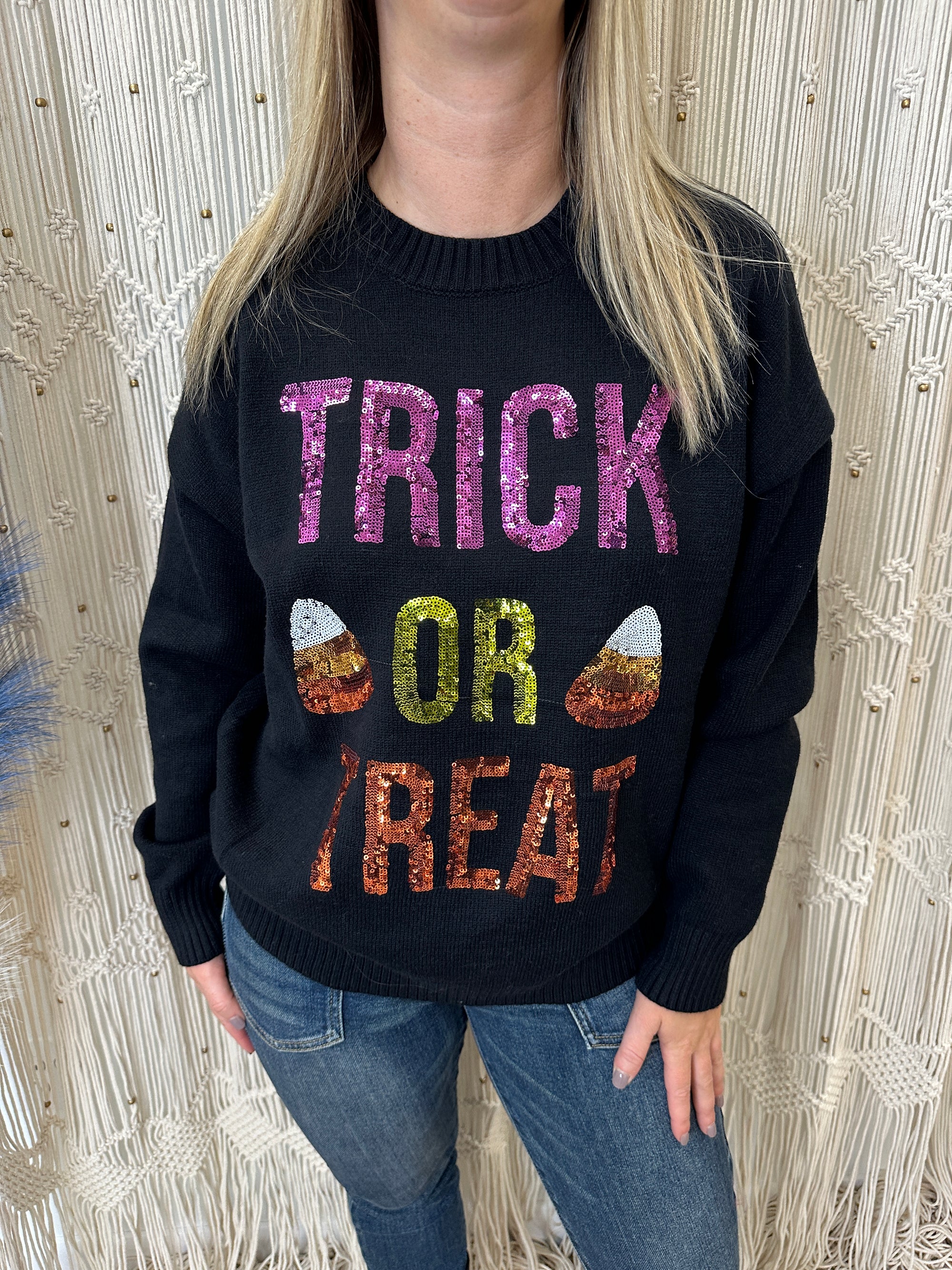 Trick or Treat - A Sequin Embroidered Halloween trick or Treat Sweater