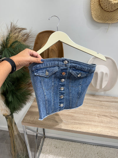 Jenna - A Strapless Button Down Two Pocket Denim Buster Top