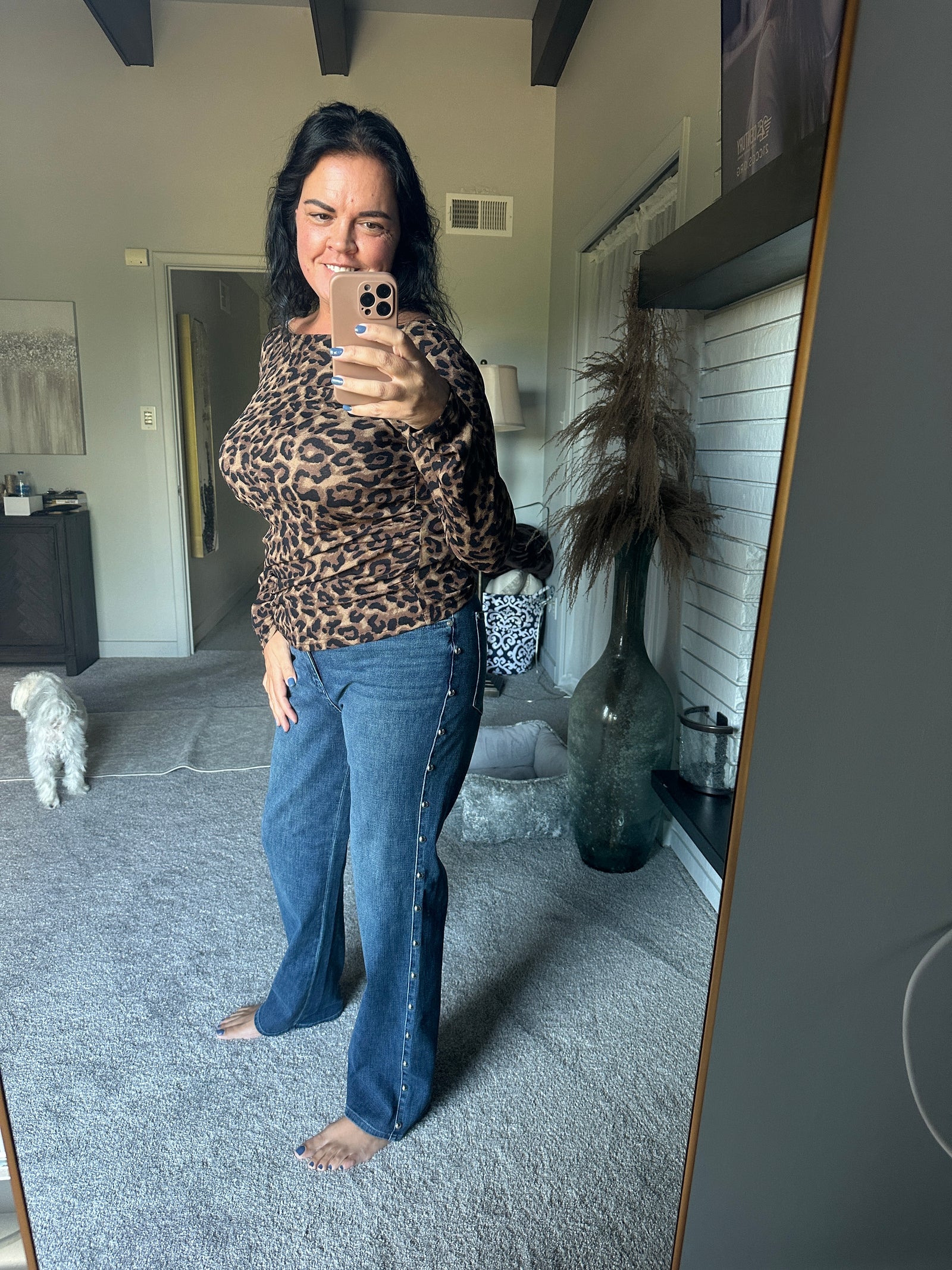 Adam - A Pair of High Waisted Straight Dome Stud Detail Jeans