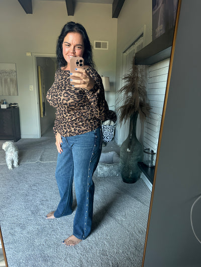 Adam - A Pair of High Waisted Straight Dome Stud Detail Jeans