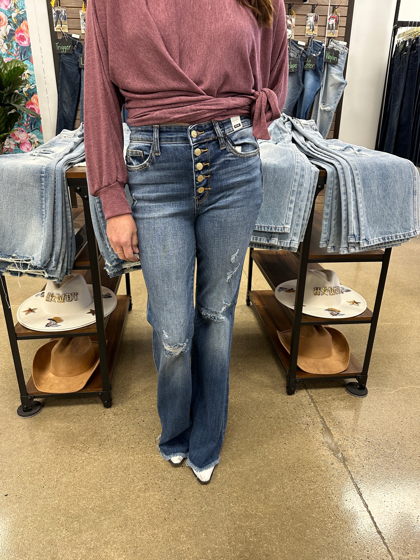 While In Town - Button Fly Flare Fray Hem Jeans