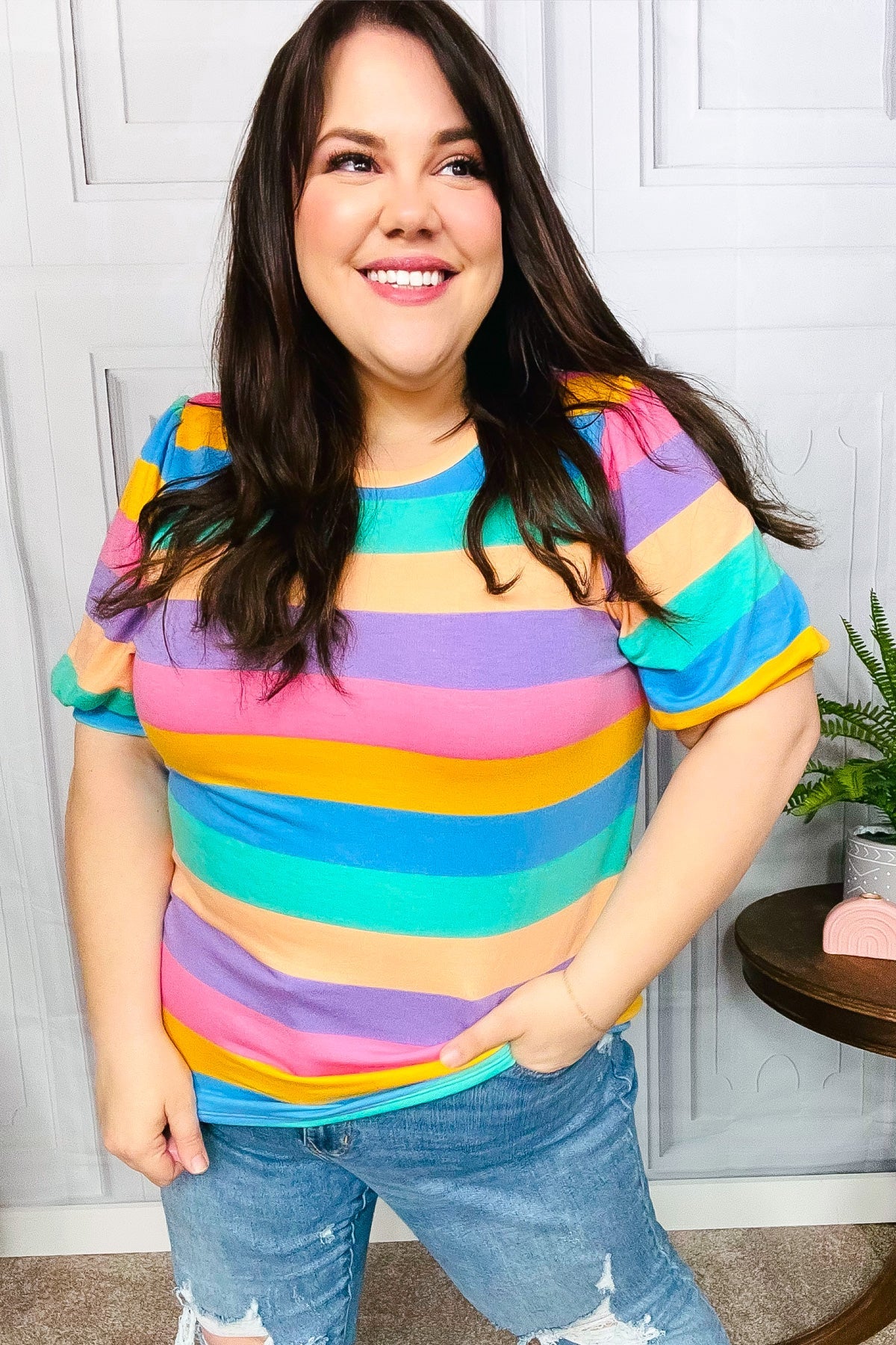 Explore More Collection - Can't Look Away Multicolor Stripe Bubble Sleeve Terry Top