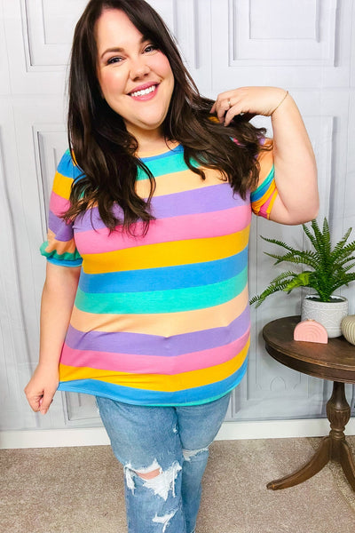 Explore More Collection - Can't Look Away Multicolor Stripe Bubble Sleeve Terry Top